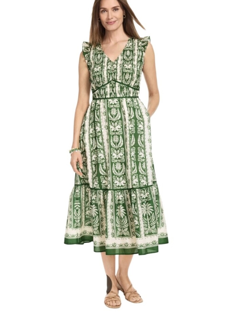 Talbots Smocked Midi Dress Size 8 Tropical Green Hawaiian Flowy Boho Cottagecore
